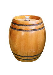 Wooden oak barrel for wine, mead or beer. Barrel made of oak wood. Barrel for whiskey, rum or cognac on a white background.