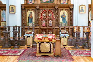 Interior of an Orthodox Ukrainian church. Iconostasis and altar.