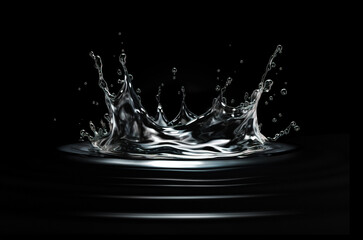 Water crown splash close up on black background. Generative A.I.