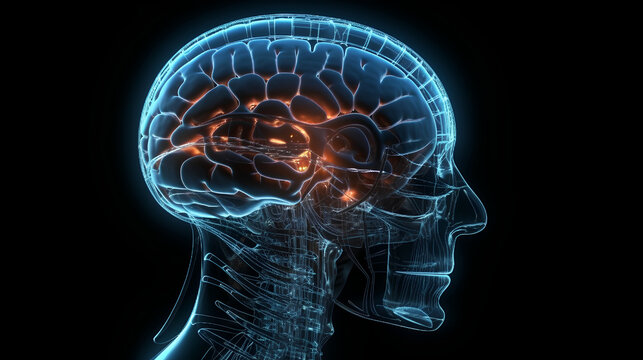 Headache of the central nervous system, a human head with symptoms and foci of headache. Generative AI.