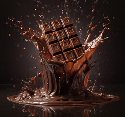 Chocolate bar splashing into liquid chocolate. Generative A.I.