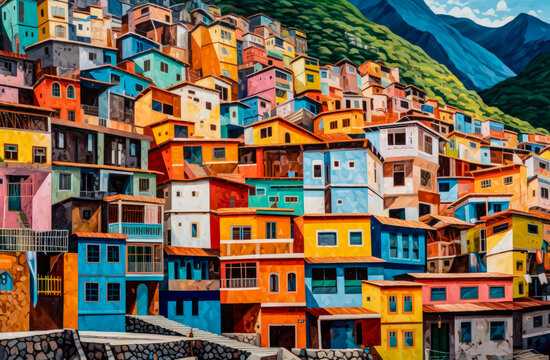 the colorful painted houses, with the mountains background, generative ai