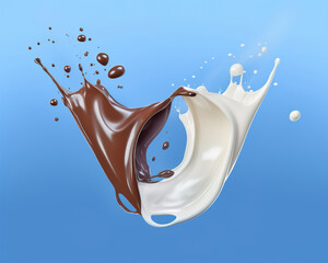 Milk and chocolate splashing in the air. Generative A.I.