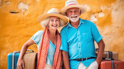 Older Couple whit fashion colorful clothes, suitcases. adorable dynamic and active elderly couple upon arrival at their vacation destination. Generative Ai