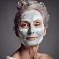 Portrait of a middle-aged woman with a mineralized cream mask on her face, generative AI content.