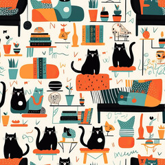 Cartoon cats in a room seamless repeat pattern [Generative AI]
