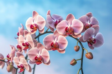 Fototapeta na wymiar Pink phalaenopsis orchid flowers on a blue background. Generative AI
