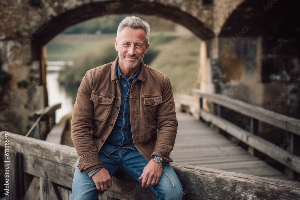 Wall mural Lifestyle portrait photography of a glad mature man wearing comfortable jeans against a rustic bridge background. With generative AI technology