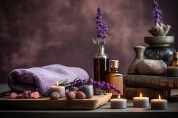 Spa composition with aromatic oil, candles and stones on table, AI generative content.