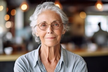 Fototapeta na wymiar Headshot portrait photography of a satisfied old woman wearing a casual short-sleeve shirt against a cozy coffee shop background. With generative AI technology