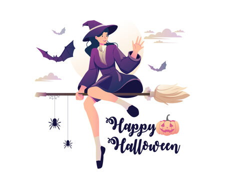 Witch flying on a broomstick. Happy young woman in a witch costume flying with a magic wand. Vector illustration in flat style
