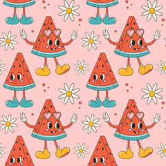 Groovy summer seamless pattern with cute watermelons and daisies. Fruit cartoon character in trendy retro style, comic mascot character.