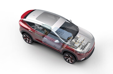 Electric generic car technical cutaway EV system. (body Generative A.I.)