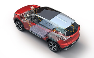 Electric generic car technical cutaway EV system. (Body Generative A.I.)