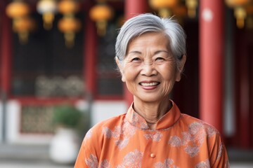 Lifestyle portrait photography of a grinning old woman wearing a casual short-sleeve shirt against a traditional asian temple background. With generative AI technology