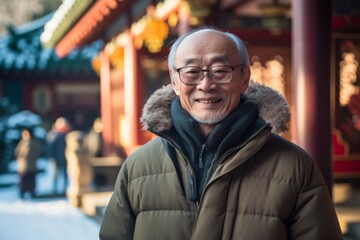 Environmental portrait photography of a satisfied old man wearing a cozy winter coat against a traditional asian temple background. With generative AI technology