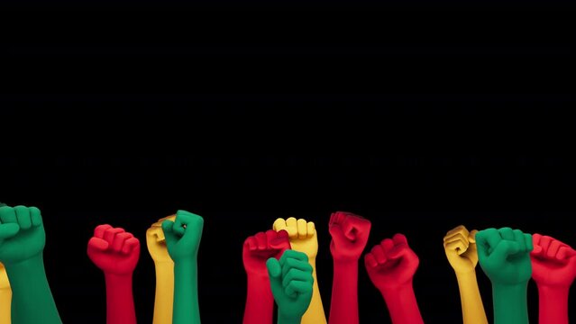 Juneteenth Freedom Day loopable animation featuring hands clenched in a fist, red, green and yellow on a transparent background with an alpha channel.