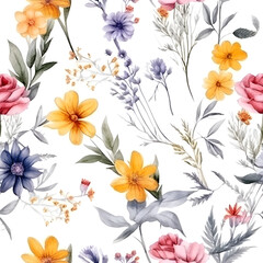Flowers Seamless pattern with watercolor.Design for fabric and wallpaper, vintage style.Hand drawn floral pattern illustration.Blooming flower painting for summer.