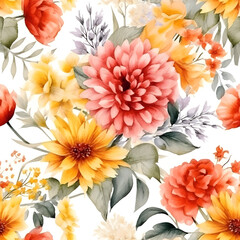 Flowers Seamless pattern with watercolor.Design for fabric and wallpaper, vintage style.Hand drawn floral pattern illustration.Blooming flower painting for summer.