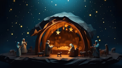 Christmas nativity scene with figures like Jesus, Mary and Joseph. Generative ai