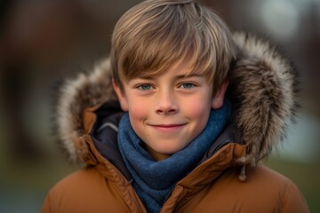 Headshot portrait photography of a happy mature boy wearing a cozy winter coat against a wildlife reserve background. With generative AI technology