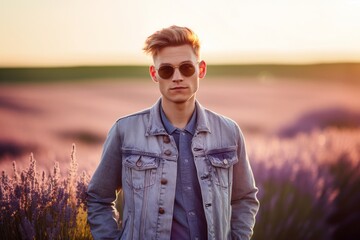 Environmental portrait photography of a glad boy in his 30s wearing a denim jacket against a lavender field background. With generative AI technology