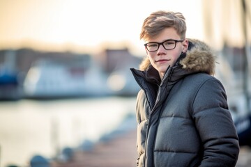 Full-length portrait photography of a glad mature boy wearing a cozy winter coat against a picturesque harbor background. With generative AI technology