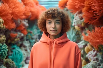Environmental portrait photography of a glad mature girl wearing a stylish hoodie against a vibrant coral reef background. With generative AI technology