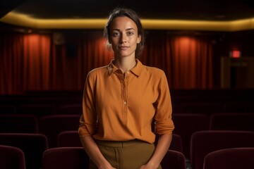Medium shot portrait photography of a satisfied girl in her 30s wearing a smart pair of trousers against a classic theater background. With generative AI technology