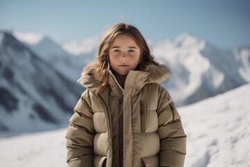 Fototapeta na wymiar Full-length portrait photography of a satisfied kid female wearing a durable parka against a serene snow-capped mountain background. With generative AI technology