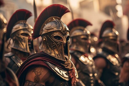 Ancient Greek spartans in steel armor preparing for battle in an ancient greek spartan city. generative AI
