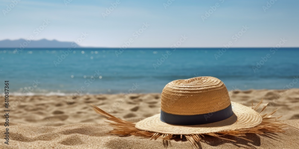 Poster Straw hat on the beach. Beach holiday concept, generative ai