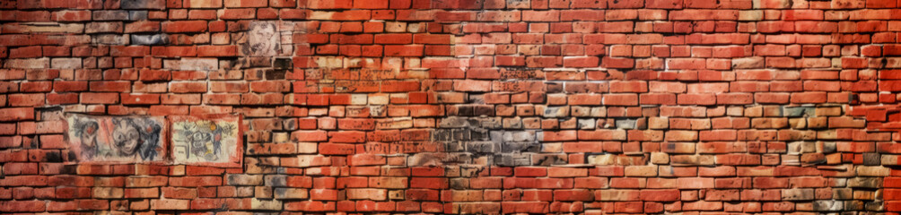 Old distressed Red brick wall texture, wide panoramic, Modern game texture pattern. Generative Ai.