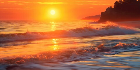 Colorful ocean beach sunrise with deep blue sky and sun rays, generative ai