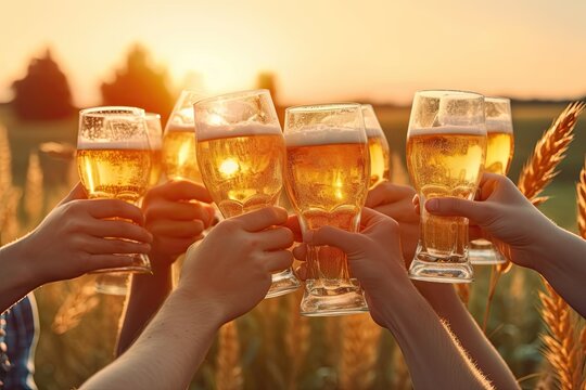 Beer with foam light tall boys in the hands of friends raising a toast closeup altos y ligeros en manos de amigos levantando un tostador.ai generated