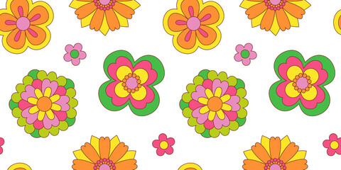 Fototapeta premium Vintage flower seamless pattern illustration. Retro psychedelic floral background art design. Groovy colorful spring texture, hippie seventies nature backdrop print with repeating daisy flowers. 