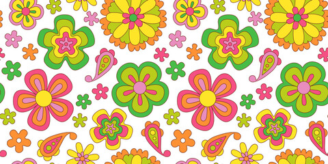 Vintage flower seamless pattern illustration. Retro psychedelic floral background art design. Groovy colorful spring texture, hippie seventies nature backdrop print with repeating daisy flowers.	
