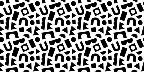 Fun black and white doodle seamless pattern. Creative minimalist style art background for children or trendy design with geometric shapes. Simple childish backdrop.	
