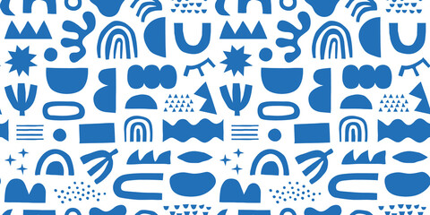 Abstract modern art seamless pattern with colorful geometric shapes. Organic flat cartoon background, simple collage cutout decoration in contemporary matisse style.