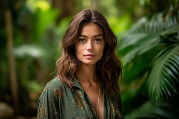 Fototapeta premium Close-up portrait photography of a glad girl in her 30s wearing a chic cardigan against a lush tropical jungle background. With generative AI technology