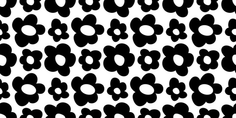 Black and white floral seamless pattern illustration. Vintage 70s style hippie flower background design. Y2k nature backdrop with daisy flowers.