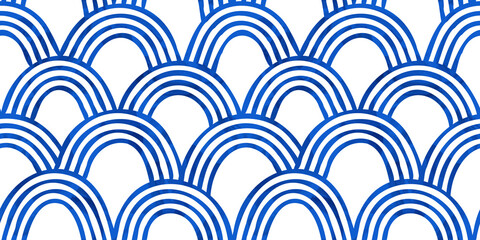 Abstract blue wave shape seamless pattern illustration. Vintage asian ocean water background in hand drawn watercolor art style. Traditional japanese ornament texture, repeatable oriental wallpaper.
