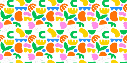 Abstract organic shape seamless pattern with colorful geometric doodles. Flat cartoon background, simple random shapes in bright childish colors.	
