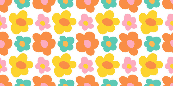 Colorful floral seamless pattern illustration. Vintage flower background art design. Retro pastel color spring artwork, groovy seventies nature backdrop with hippie flowers.	
