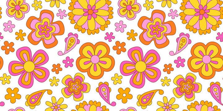 Vintage flower seamless pattern illustration. Retro psychedelic floral background art design. Groovy colorful spring texture, hippie seventies nature backdrop print with repeating daisy flowers.