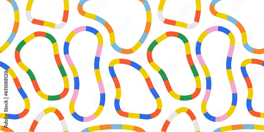 Poster Fun colorful line doodle seamless pattern. Creative abstract style art background for children or trendy design with stripe shapes. Simple childish scribble backdrop.