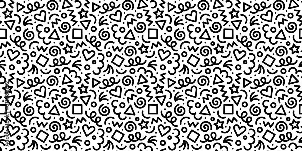 Poster Fun black and white abstract line doodle seamless pattern. Creative minimalist style art background for children or trendy design with basic shapes. Simple childish scribble backdrop.	