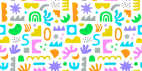 Fototapeta premium Abstract organic shape seamless pattern with colorful geometric doodles. Flat cartoon background, simple random shapes in bright childish colors.