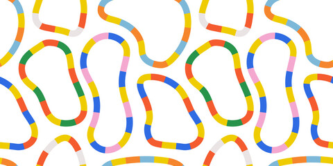 Fun colorful line doodle seamless pattern. Creative abstract style art background for children or trendy design with stripe shapes. Simple childish scribble backdrop.