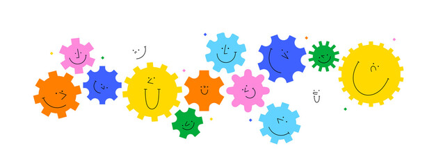 Diverse colorful cog wheel character illustration set. Multi color rainbow cartoon machine gear collection in funny children doodle style. Friendly team work or group engine concept.